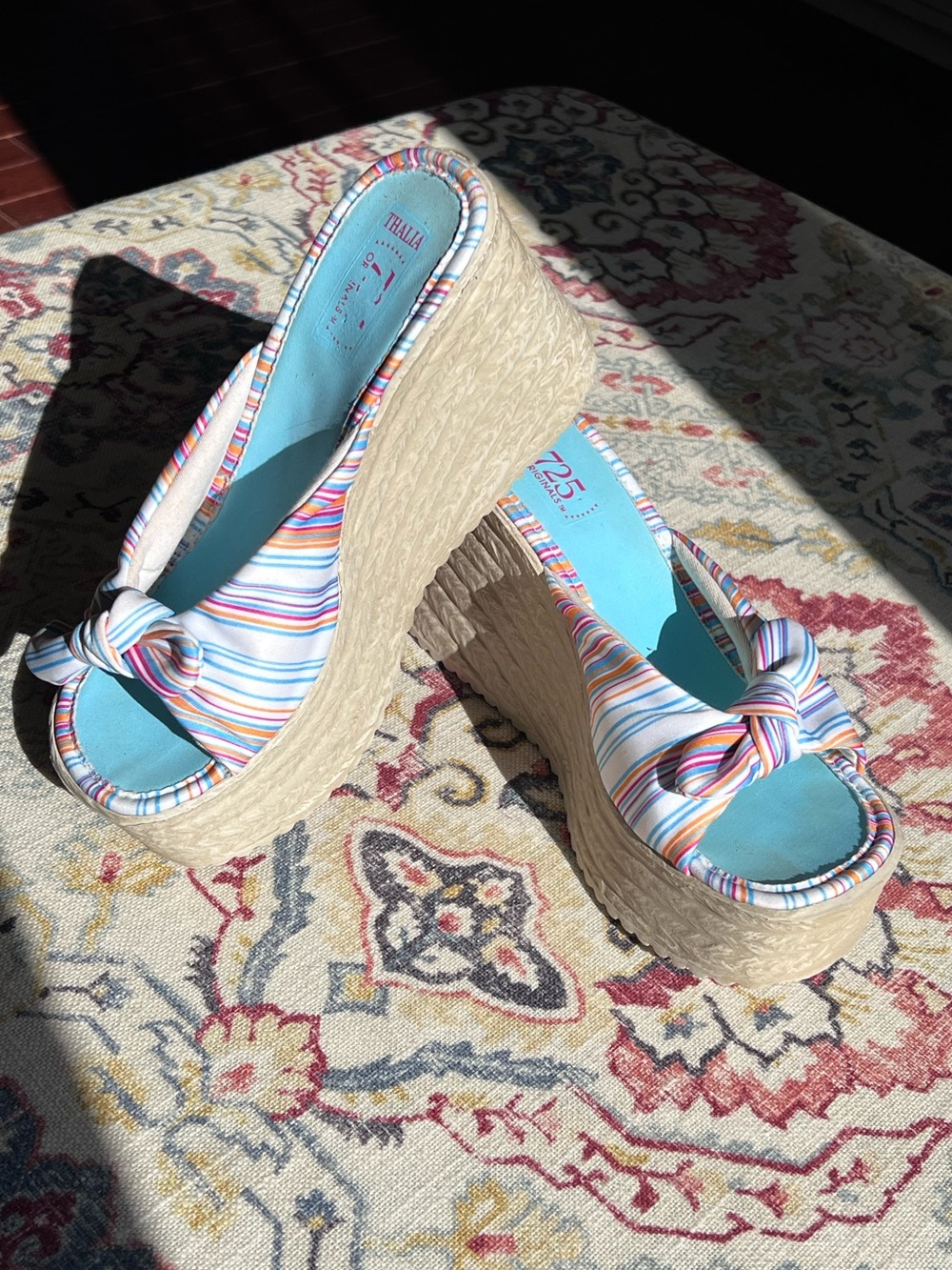 Vintage Y2K Striped Satin Platform Espadrille Wedge Flip Flop Sandals Sz 7 / 38 - Picture 3 of 6